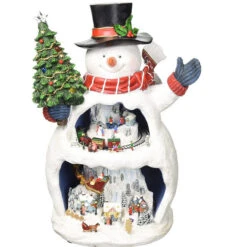 Musical Light Up Animated Snowman Statue With Dual Level Rotating Train And Santa's Sleigh 12"