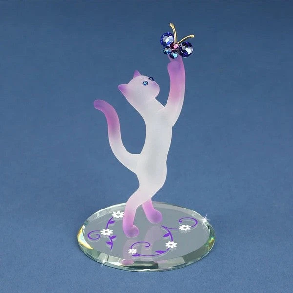 Frosted White And Pink Princess Cat With Crystal Butterfly Glass Figurine 3 Frosted White And Pink Princess Cat With Crystal Butterfly Glass Figurine