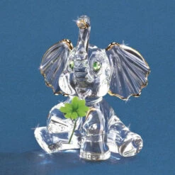 22Kt Gold Trimmed Lucky The Elephant With Green Clover Glass Figurine